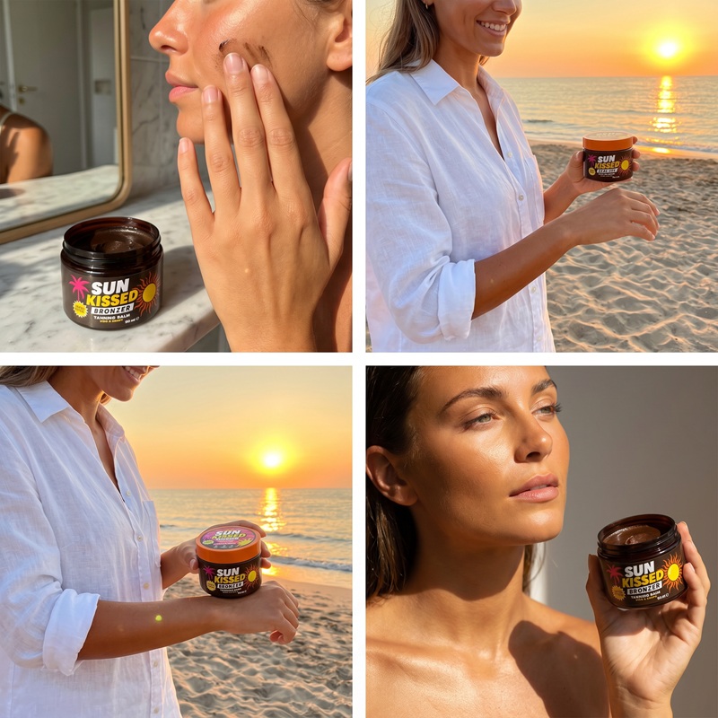 Barattolo aperto di crema autoabbronzante Sun Kissed in spiaggia